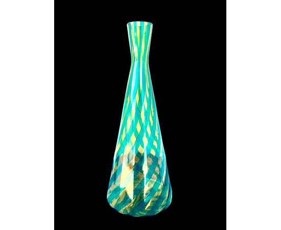 Green glass vase with spiral vertical bands. Signature VeArt (Murano artistic glassworks 1984).