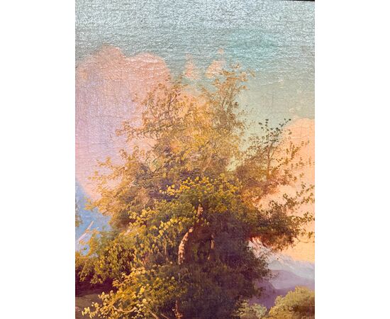 Antique oil painting on canvas, Austrian school, 19th century, 67x78cm, with landscape and castle.