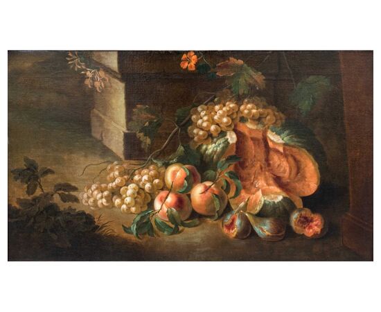 Scuola Romana, XVIII secolo,  Natura morta con Melone e uva