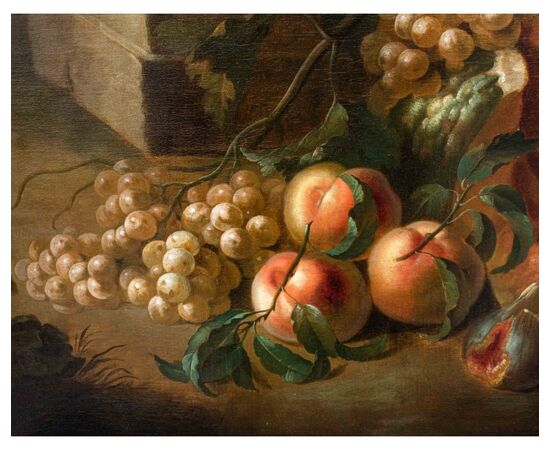Scuola Romana, XVIII secolo,  Natura morta con Melone e uva