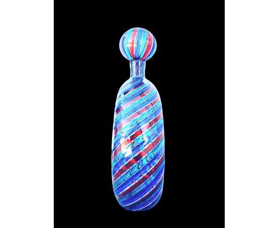 Round blown glass bottle with multicolored spiral bands. Ve.Art.Murano.