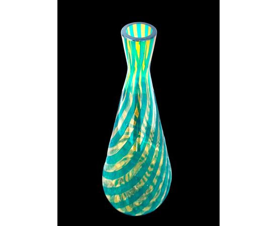 Green glass vase with spiral vertical bands. Signature VeArt (Murano artistic glassworks 1984).
