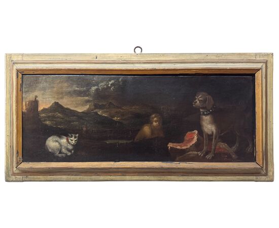 Scena mitologica o allegorica con figura maschile, cane e gatto – Dipinto su tela XVII secolo