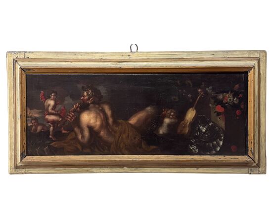 Scena Mitologica con Satiro, Putti e Natura Morta- dipinto su tela XVII secolo