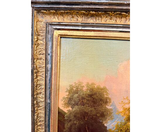 Antique oil painting on canvas, Austrian school, 19th century, 67x78cm, with landscape and castle.