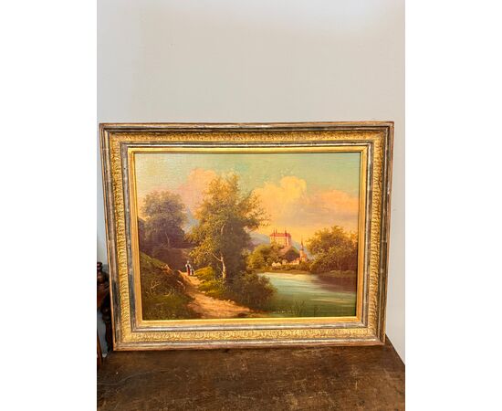 Antique oil painting on canvas, Austrian school, 19th century, 67x78cm, with landscape and castle.