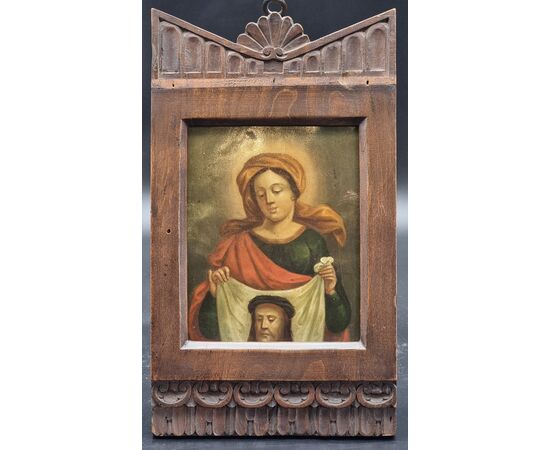 Small Spanish painting on zinc – Saint Veronica with the Veil of Christ