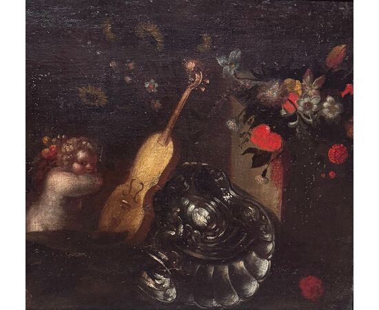 Scena Mitologica con Satiro, Putti e Natura Morta- dipinto su tela XVII secolo