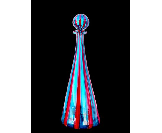 Glass bottle with red and blue vertical stripes. Ve.Art, Murano.