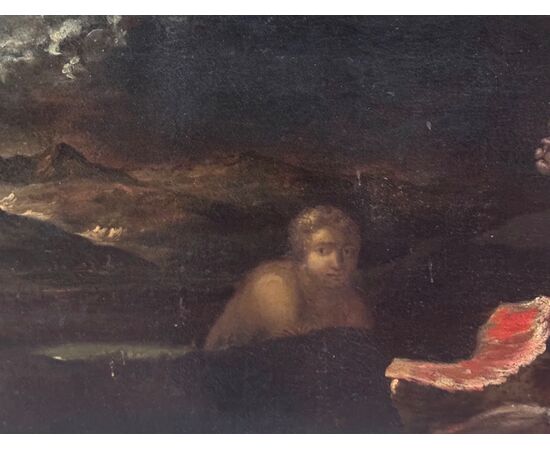Scena mitologica o allegorica con figura maschile, cane e gatto – Dipinto su tela XVII secolo