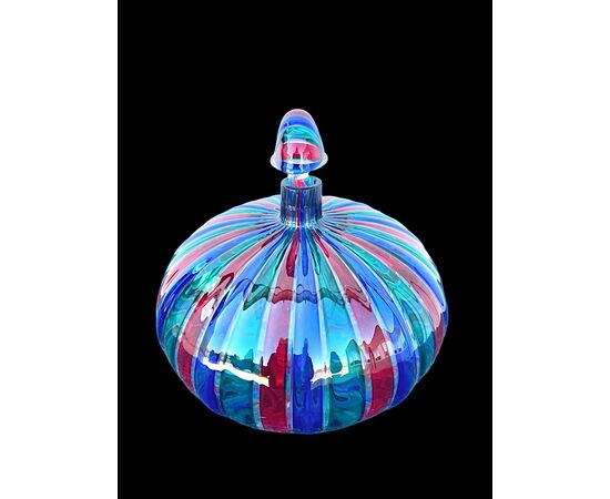 Blown glass bottle, round and flattened shape with vertical multicolored bands. Ve.Art, Murano.