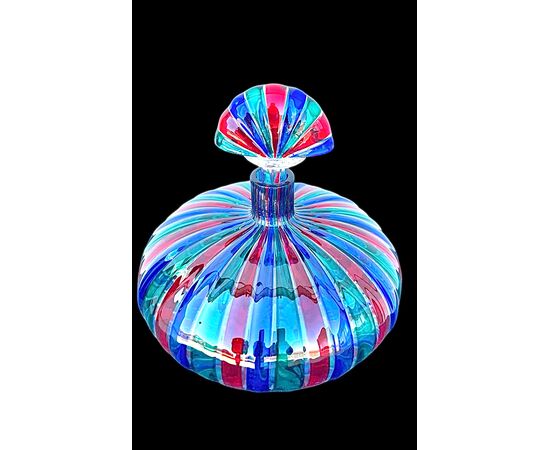 Blown glass bottle, round and flattened shape with vertical multicolored bands. Ve.Art, Murano.