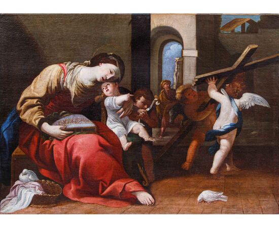 Workshop of Raffaello Vanni (Siena, 1595-1673), Madonna and Child, Young Saint John and two angels announcing the crucifixion