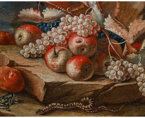 Emilian school, 18th century, Still life with hoopoe, frog and snake