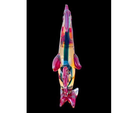 Straw yellow and red submerged glass rooster with green inclusion. A.Ve.M. Murano.