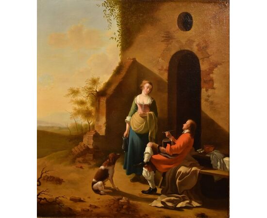 A gallant scene at the entrance of an inn, Jan Vermeer of Utrecht (Schoonhoven, c. 1630 - 1692) follower