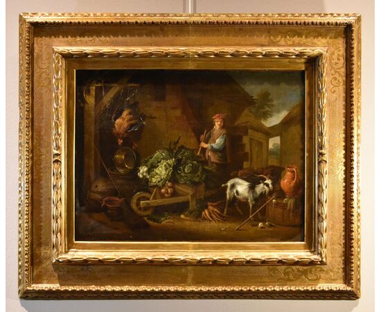 Courtyard with still life of animals and fruit, Adriaen de Gryef (Leiden 1657 - Brussels 1722) Signed 'A Gryeff f'(ecit) - in the center on the left