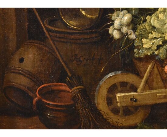 Courtyard with still life of animals and fruit, Adriaen de Gryef (Leiden 1657 - Brussels 1722) Signed 'A Gryeff f'(ecit) - in the center on the left