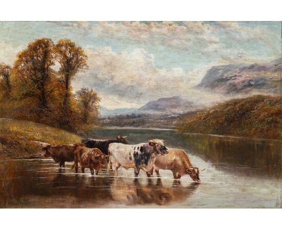 William Vivian Tippett (British, 1833 - 1910) - Paesaggio con mucche al lago.