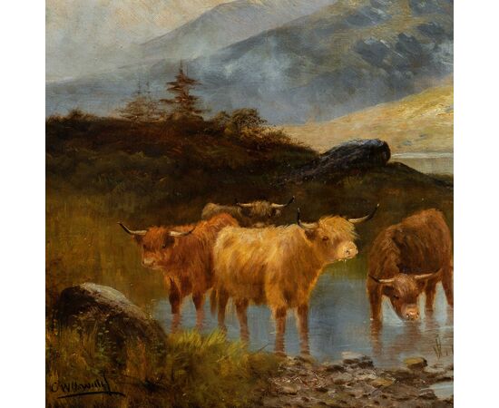 Pittore britannico (fine XIX sec.) - Paesaggio con Mandria di Highlanders al lago.