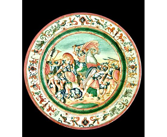 Pair of large majolica plates with historiated scene. Pesaro.