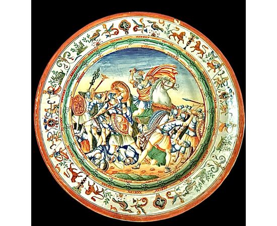 Pair of large majolica plates with historiated scene. Pesaro.
