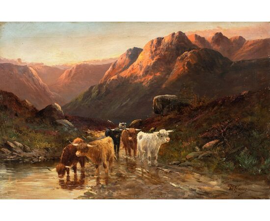 W. Richard (British, fine XIX sec.) - Paesaggio con Mandria di Highlanders al lago.