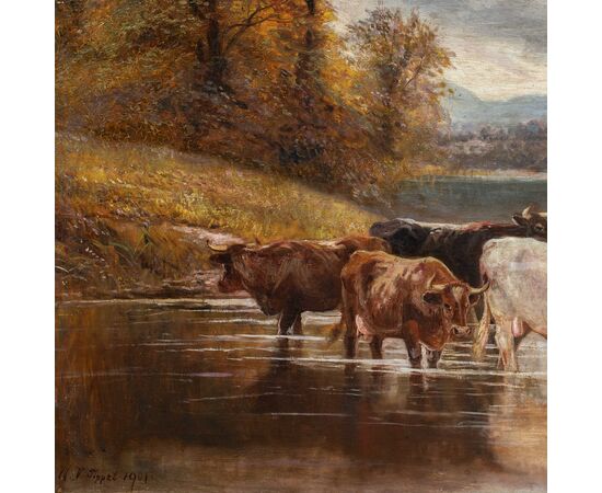 William Vivian Tippett (British, 1833 - 1910) - Paesaggio con mucche al lago.