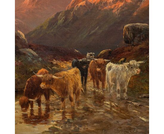 W. Richard (British, fine XIX sec.) - Paesaggio con Mandria di Highlanders al lago.