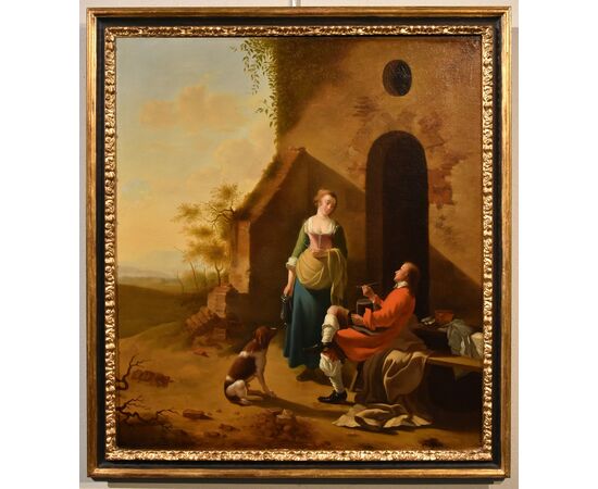A gallant scene at the entrance of an inn, Jan Vermeer of Utrecht (Schoonhoven, c. 1630 - 1692) follower