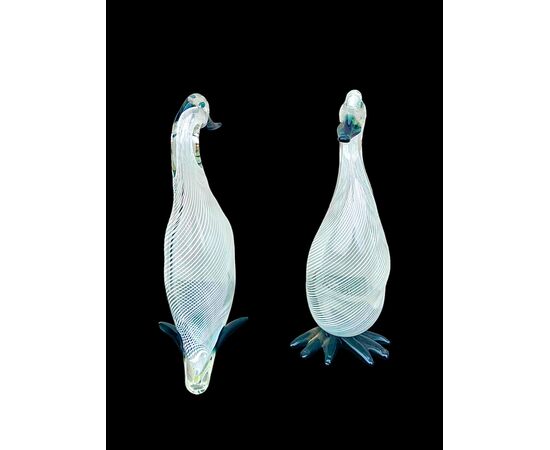 Pair of heavy glass ducks with lattimo filigree inclusions. Murano.