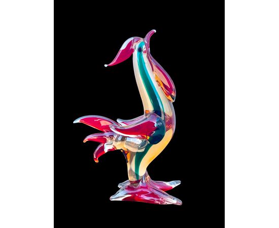 Straw yellow and red submerged glass rooster with green inclusion. A.Ve.M. Murano.