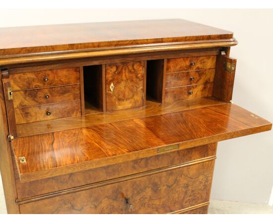 Antique Biedermeier walnut chest of drawers, flap desk - 19th century