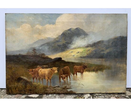 Pittore britannico (fine XIX sec.) - Paesaggio con Mandria di Highlanders al lago.