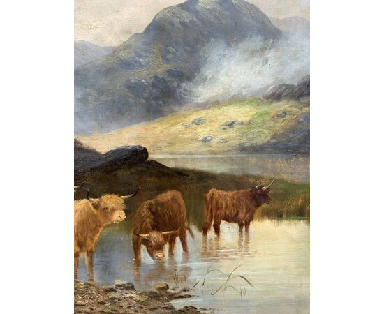 Pittore britannico (fine XIX sec.) - Paesaggio con Mandria di Highlanders al lago.