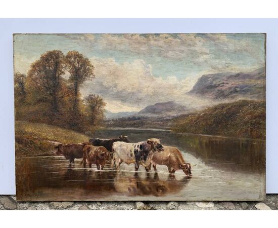 William Vivian Tippett (British, 1833 - 1910) - Paesaggio con mucche al lago.