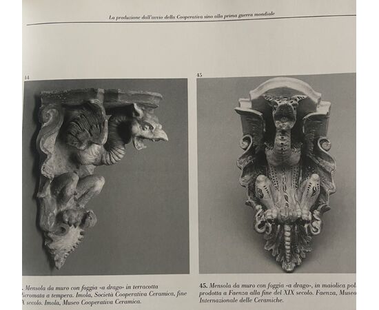 Majolica shelf with support in the shape of a winged dragon. Imola manufacture.