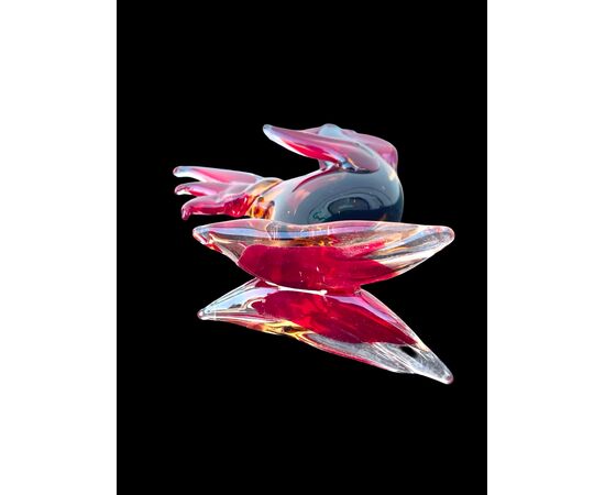Straw yellow and red submerged glass rooster with green inclusion. A.Ve.M. Murano.