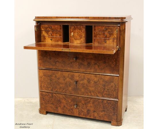 Antique Biedermeier walnut chest of drawers, flap desk - 19th century