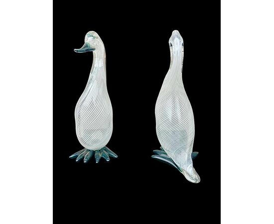 Pair of heavy glass ducks with lattimo filigree inclusions. Murano.