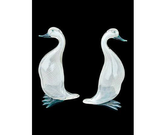Pair of heavy glass ducks with lattimo filigree inclusions. Murano.