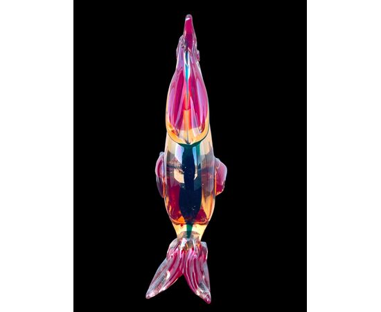 Straw yellow and red submerged glass rooster with green inclusion. A.Ve.M. Murano.