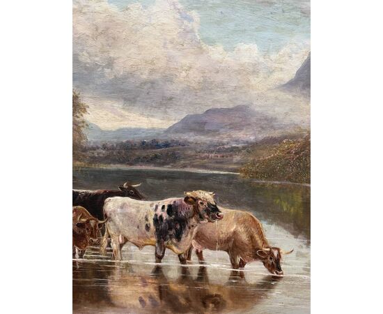 William Vivian Tippett (British, 1833 - 1910) - Paesaggio con mucche al lago.