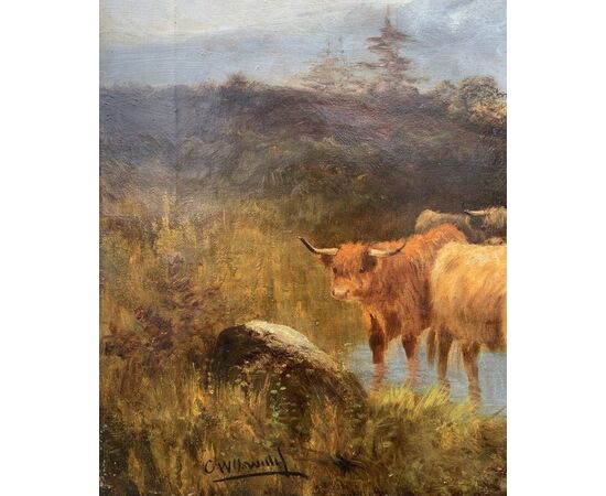 Pittore britannico (fine XIX sec.) - Paesaggio con Mandria di Highlanders al lago.