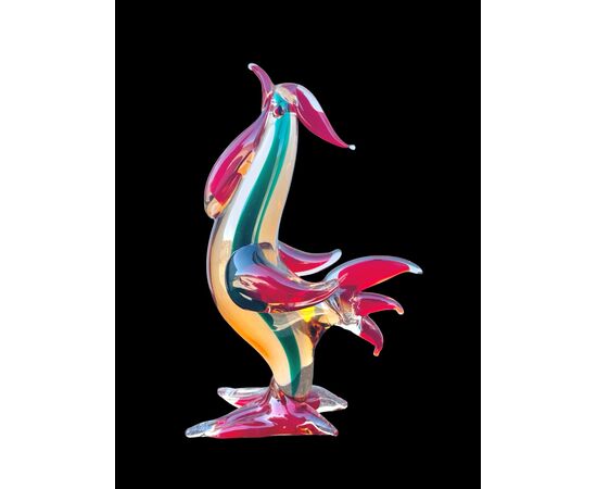 Straw yellow and red submerged glass rooster with green inclusion. A.Ve.M. Murano.