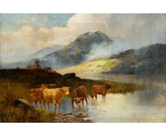 Pittore britannico (fine XIX sec.) - Paesaggio con Mandria di Highlanders al lago.