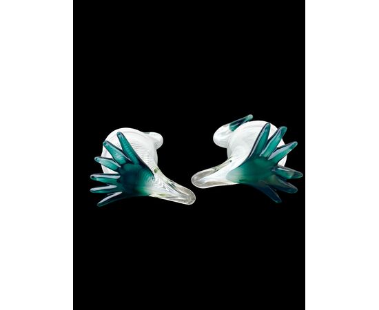 Pair of heavy glass ducks with lattimo filigree inclusions. Murano.