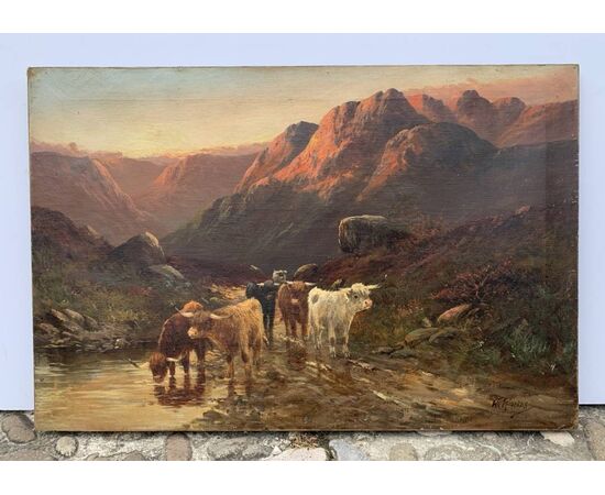 W. Richard (British, fine XIX sec.) - Paesaggio con Mandria di Highlanders al lago.