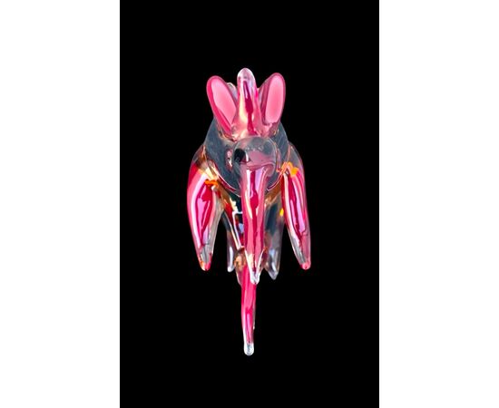 Straw yellow and red submerged glass rooster with green inclusion. A.Ve.M. Murano.
