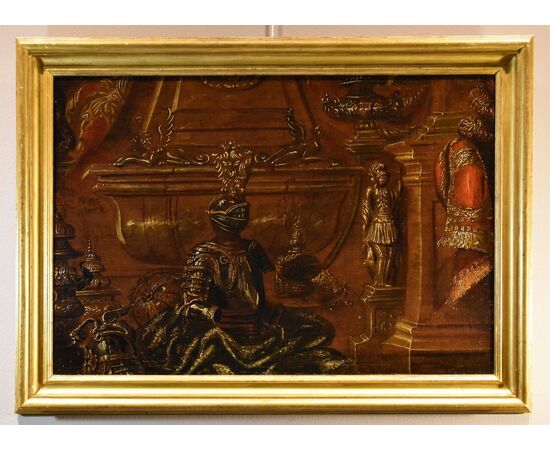 Still life with armor, draperies and sculptures, Antonio Tibaldi (Rome, c. 1635 - post 1675) Workshop of